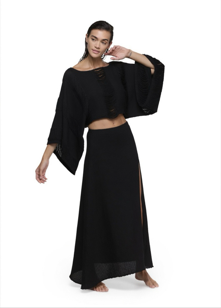 Siyah boho dokuma bluz 9029