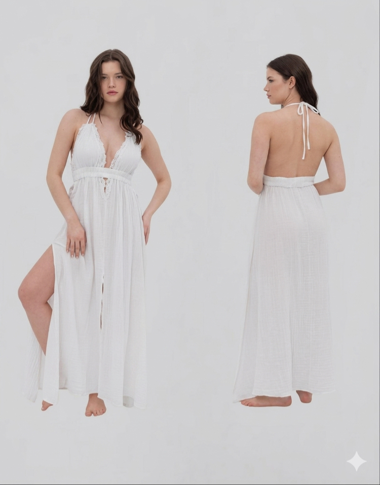 Müslin standart beden maxi elbise beyaz 3530