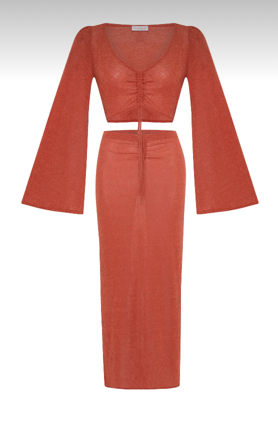Simli mercan rengi büzgü detaylı Crop Top-Etek takım