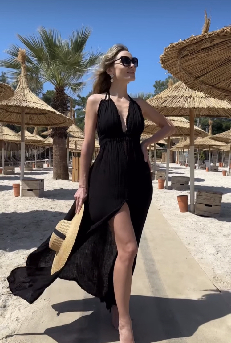 Müslin maxi elbise siyah 3530