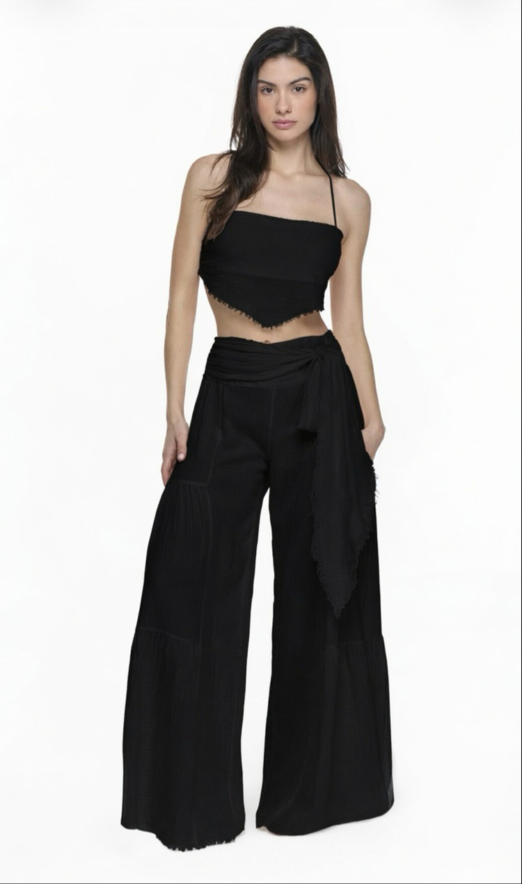 Müslin crop pantolon siyah takım 6236-5245