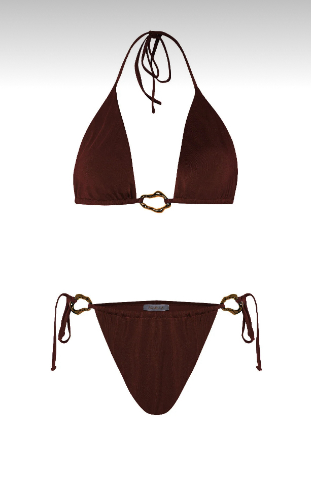 Aksesuarlı koyu kahve bikini takımı