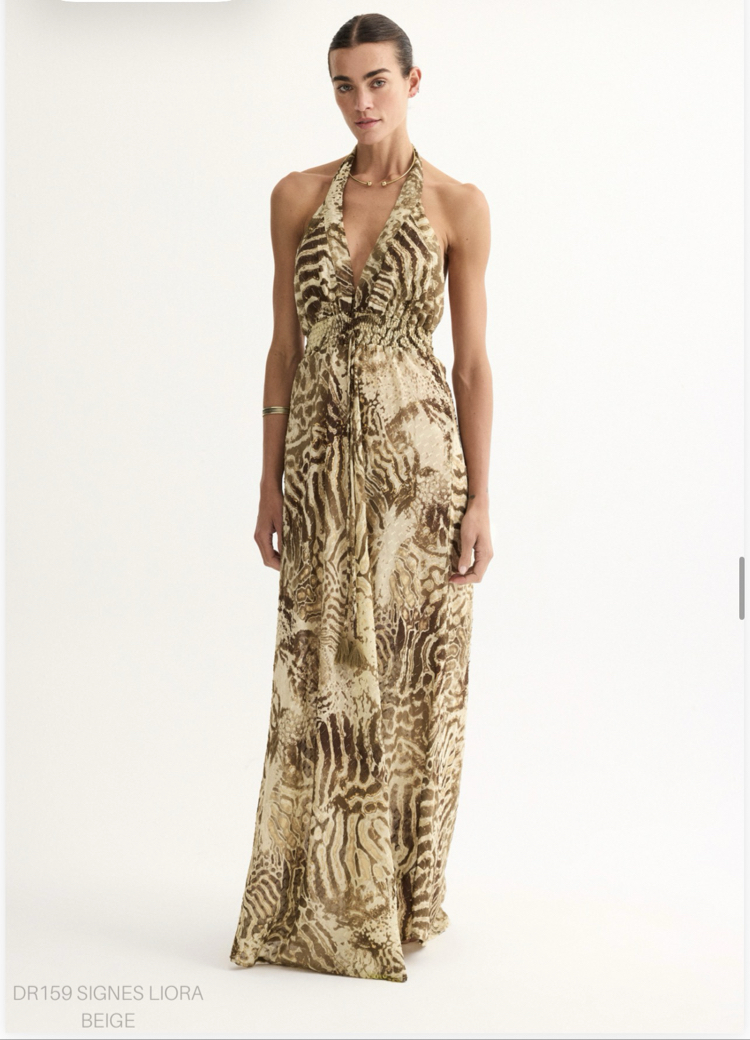 Signes liora beige maxi elbise DR159