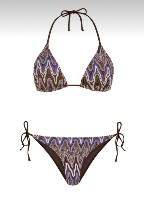 Arkası büzgülü kahverengi-mor triko bikini takımı