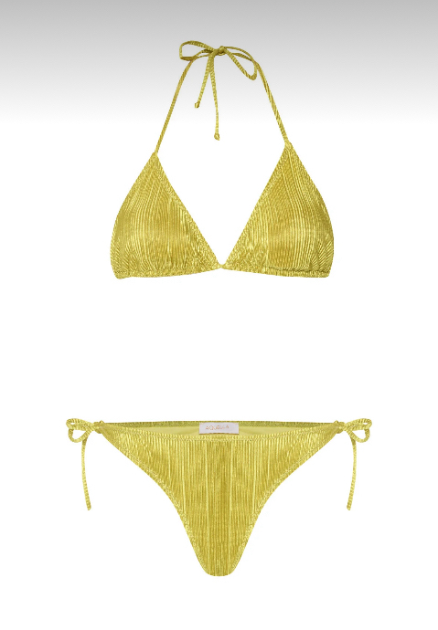 Piliseli saten neon yeşil bikini takımı