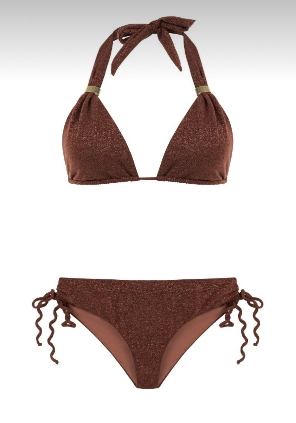 Toka detaylı uzun üçgen gold simli kahverengi bikini takımı