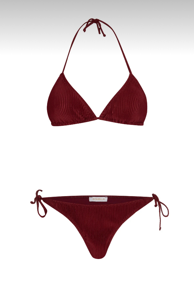 Piliseli saten bordo bikini takımı