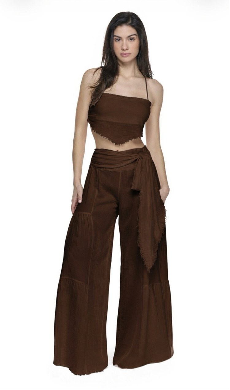 Müslin crop pantolon takım kahverengi 6236-5245