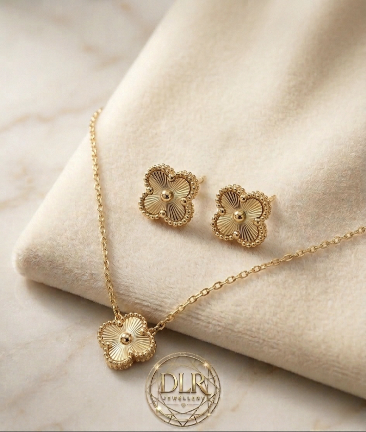 DLR- Gold Yonca Kolye & Küpe Seti