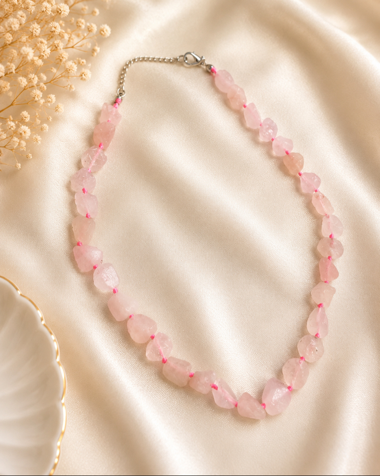 Ham Pembe Kuvars Düğümlü Model Kolye - Sevgi Frekansı