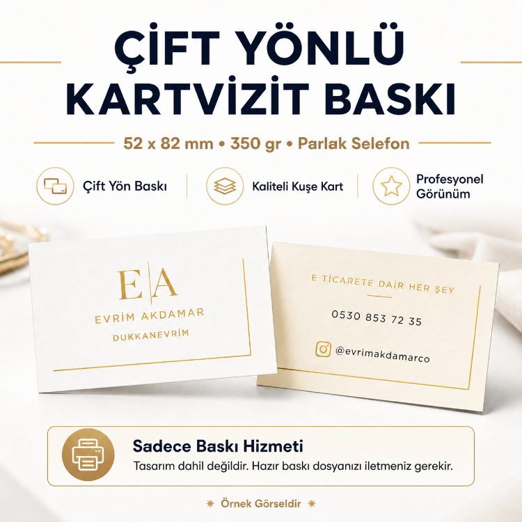 100 Adet Çift Yönlü Kartvizit Baskı 52x82 mm – 350 Gr Kuşe Parlak Selefon