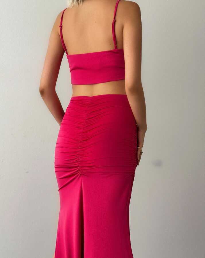 Cendy Fuşya Yırtmaçlı Cut-Out Elbise
