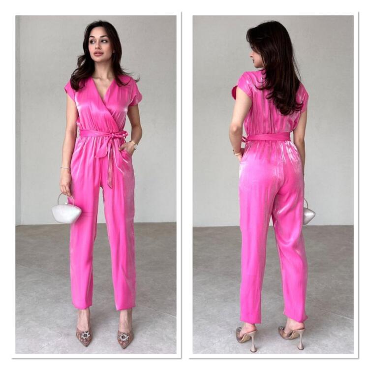 Parlak Kumaş Rahat Tulum-Pembe 