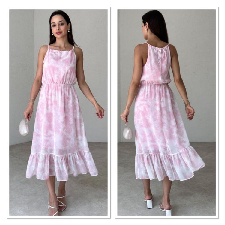 Batik Desenli Askılı Midi Elbise-PEMBE  ( GENİŞ KALIPTIR )