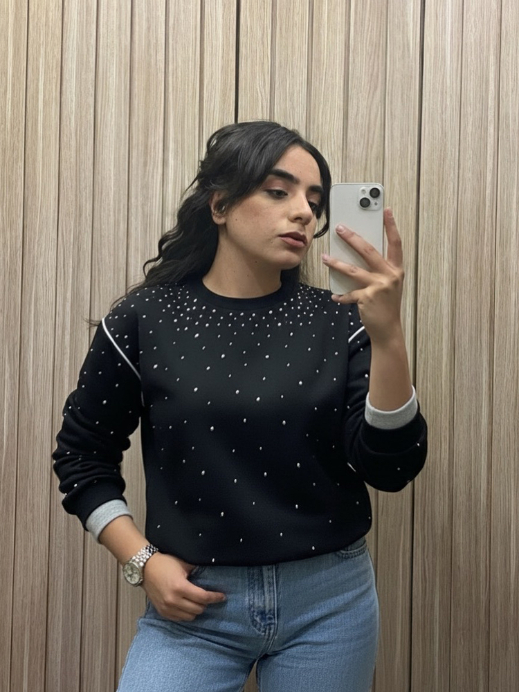 Işıltılı Taş Detaylı Siyah Sweatshirt