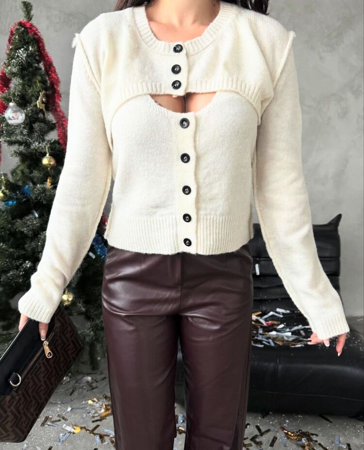 Omuz Dekolteli Ekru Triko Bolero Set