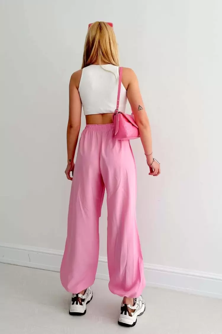 Yüksek Bel Büzgülü Paça Paraşüt Pantolon-Pembe