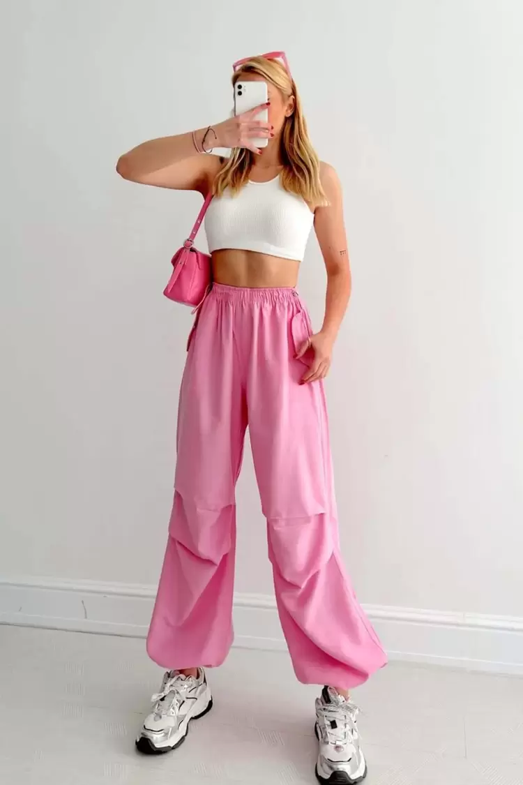 Yüksek Bel Büzgülü Paça Paraşüt Pantolon-Pembe