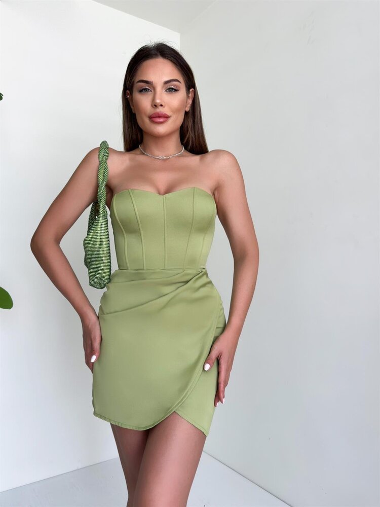 Yeşil Korse Detaylı Mini Elbise