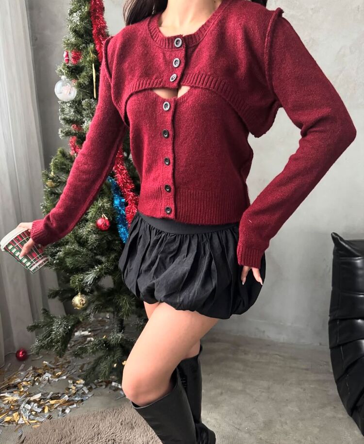 Omuz Dekolteli Bordo Triko Bolero Set
