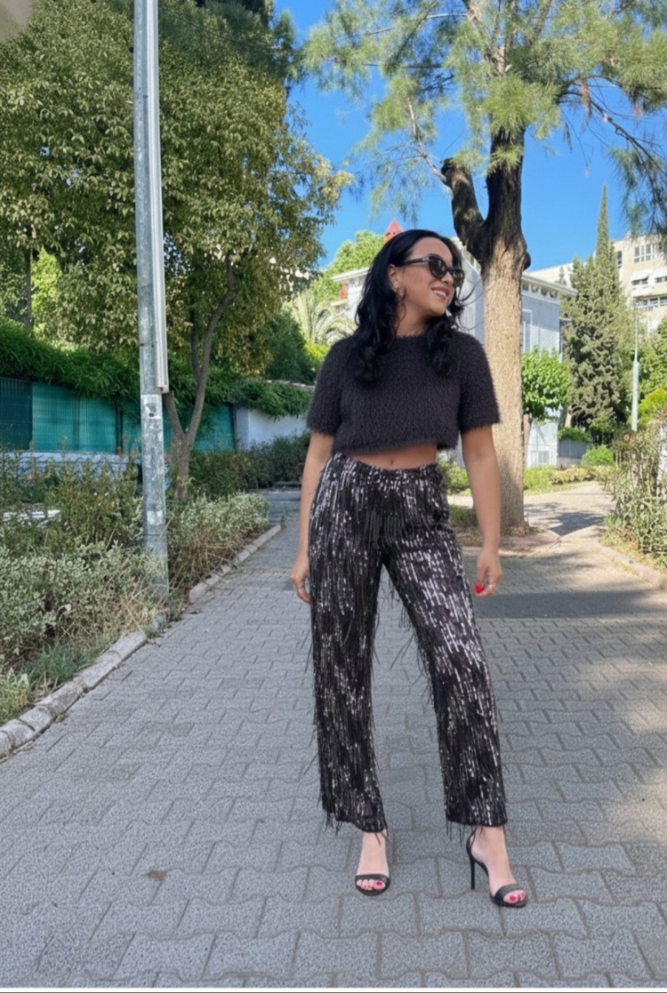 Pul Payet Siyah-Gri Melanj Pantolon
