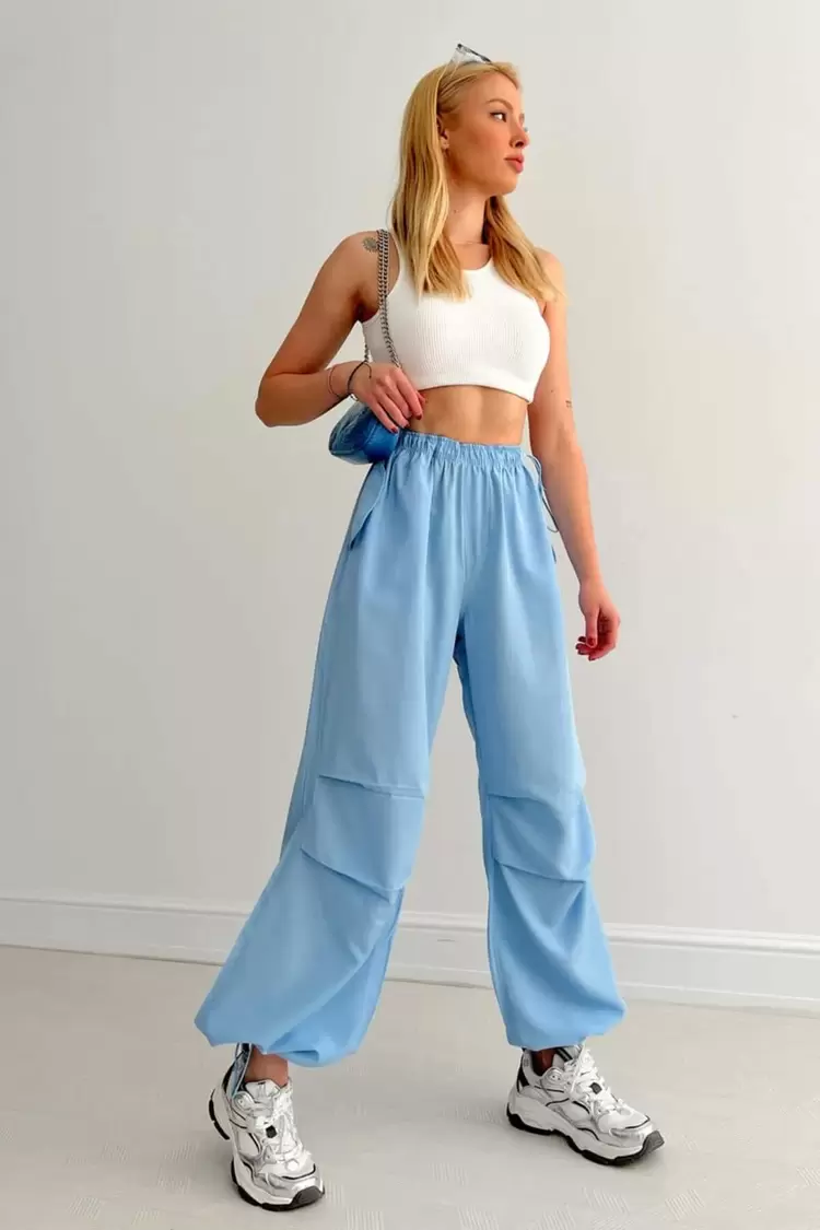 Yüksek Bel Büzgülü Paça Paraşüt Pantolon-Mavi