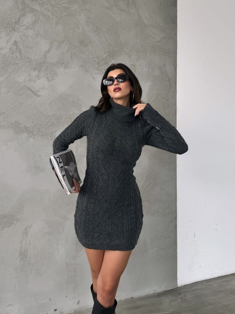  Füme Rengi Saç Örgü Triko Mini Elbise