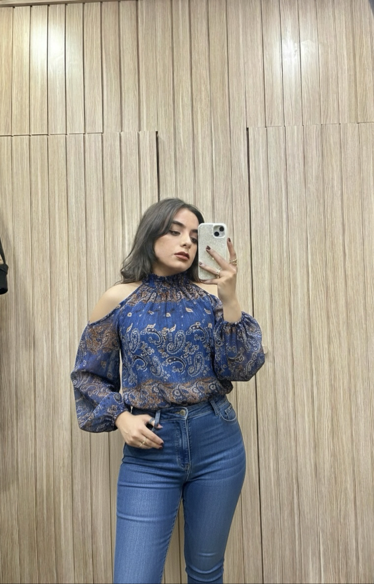 Omuz Dekolteli Bohem Esinti Şal Desen Bluz