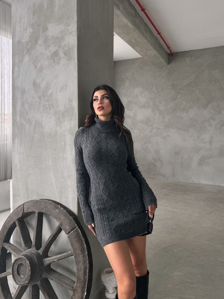  Füme Rengi Saç Örgü Triko Mini Elbise