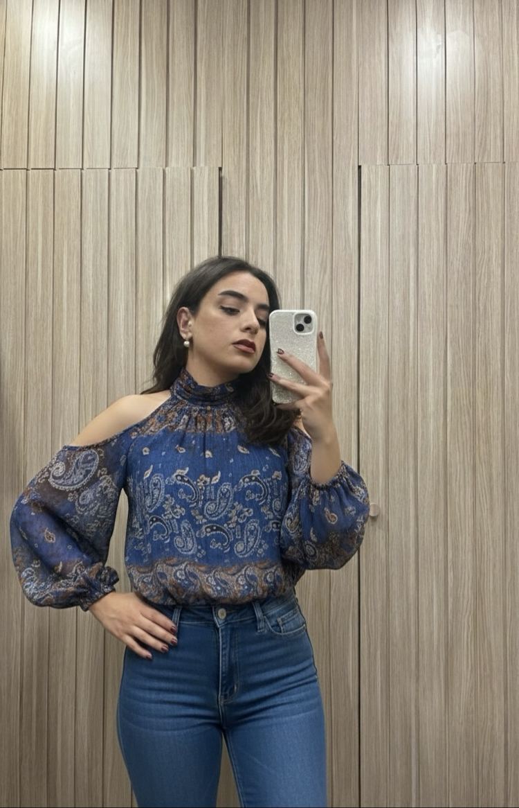Omuz Dekolteli Bohem Esinti Şal Desen Bluz