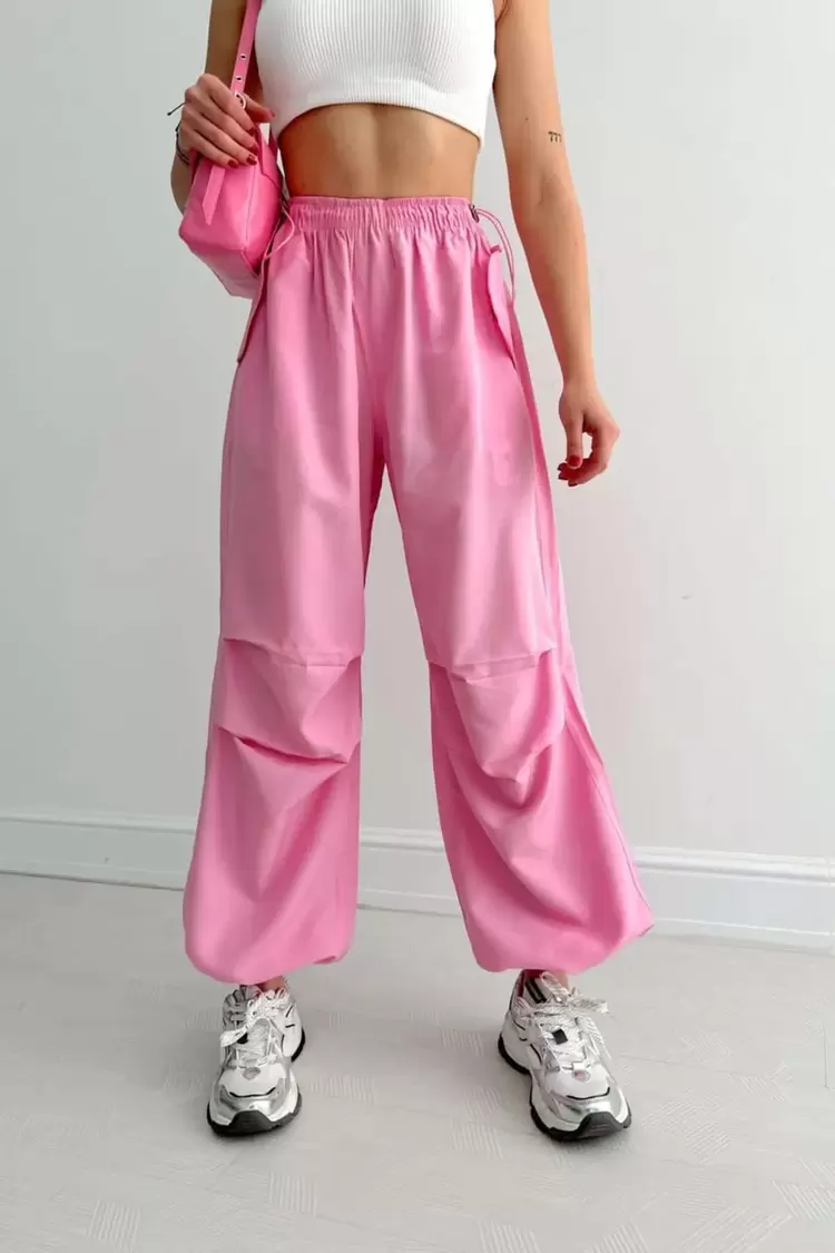 Yüksek Bel Büzgülü Paça Paraşüt Pantolon-Pembe