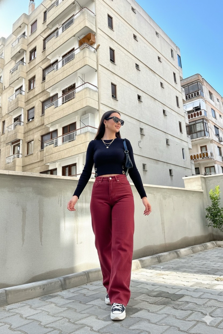 Merlot Wide Leg (Geniş Paça) Yüksek Bel Bordo Pantolon