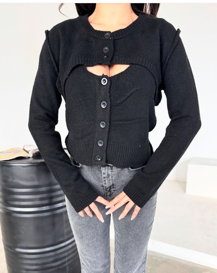 Omuz Dekolteli Siyah Triko Bolero Set