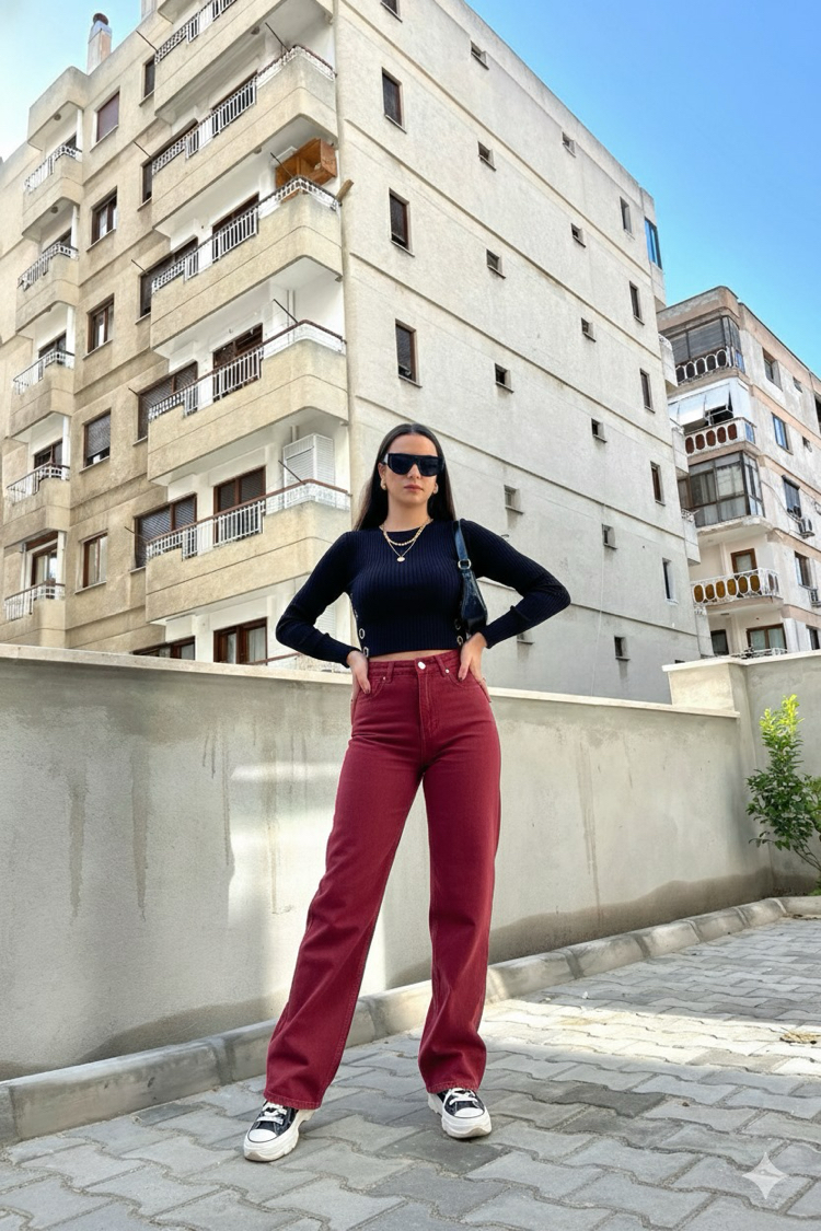 Merlot Wide Leg (Geniş Paça) Yüksek Bel Bordo Pantolon