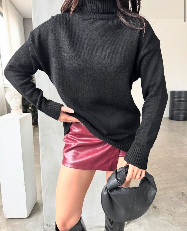 Siyah Oversize Balıkçı Yaka Tunik Kazak