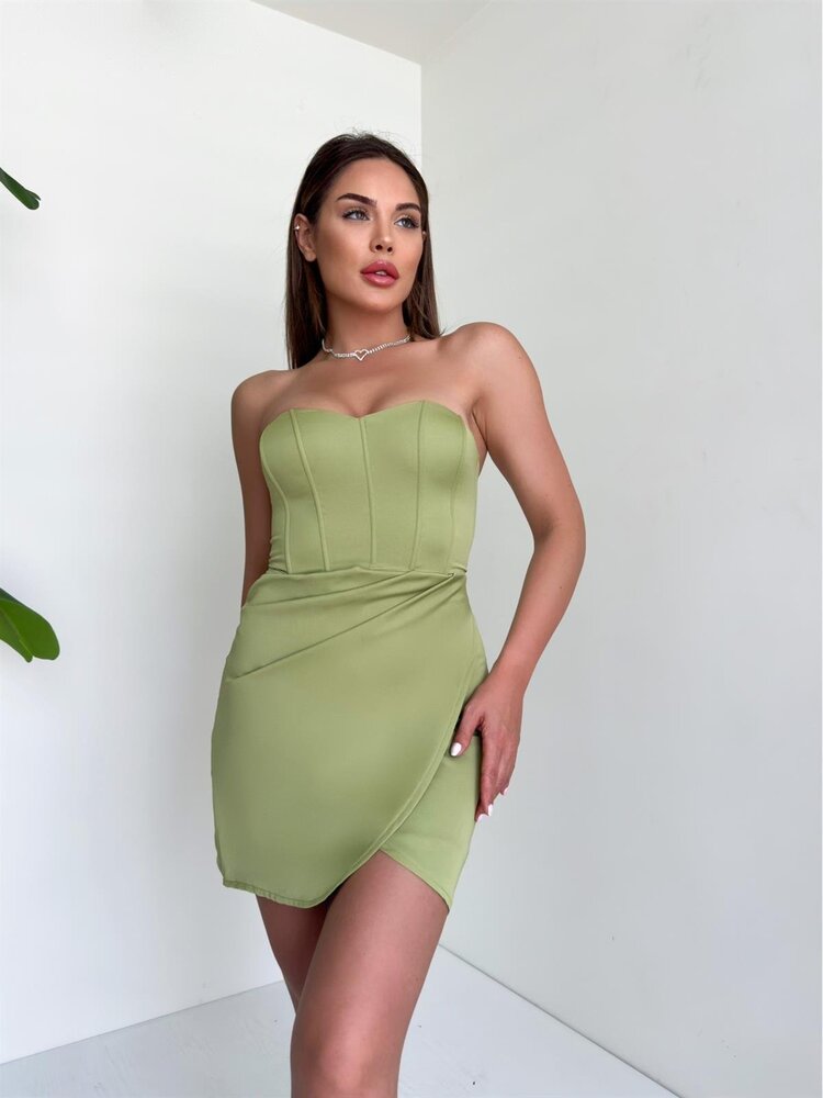 Yeşil Korse Detaylı Mini Elbise