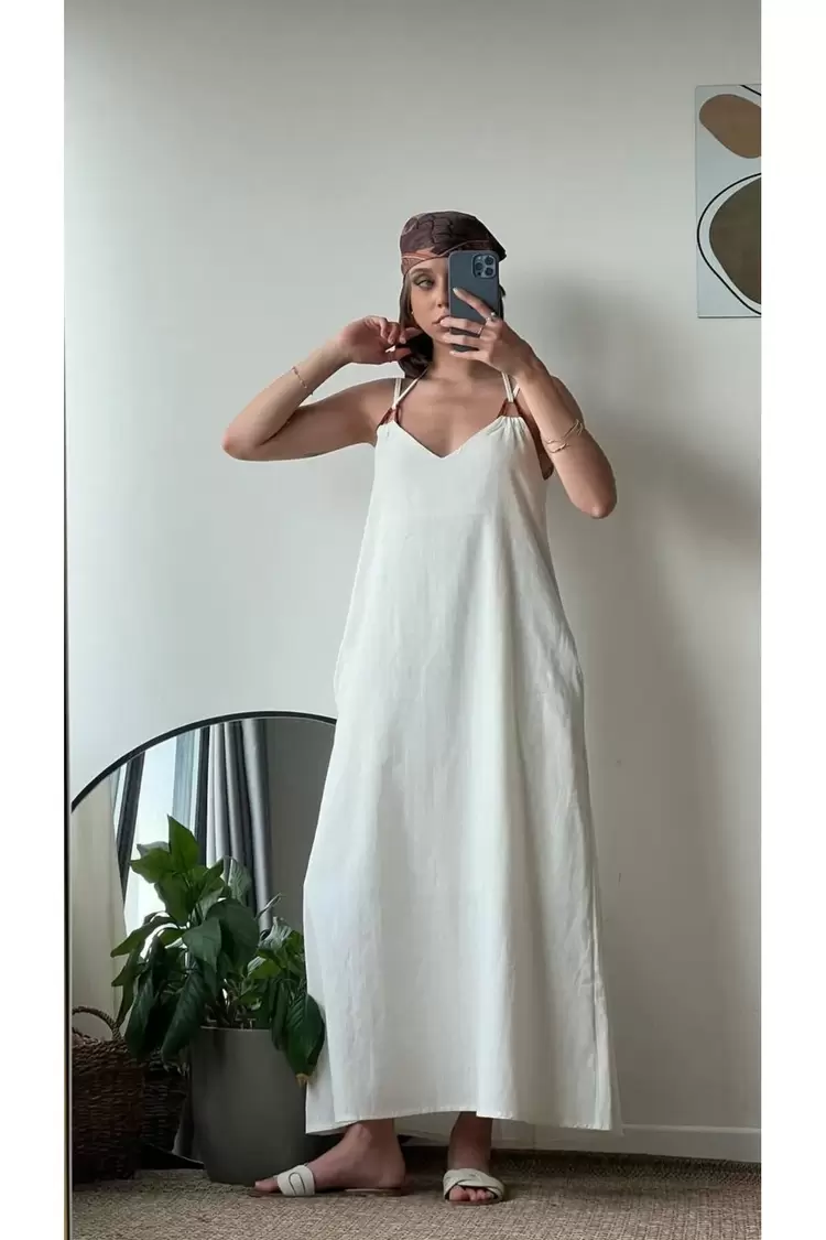  Ham Keten İp Askılı Maxi Elbise