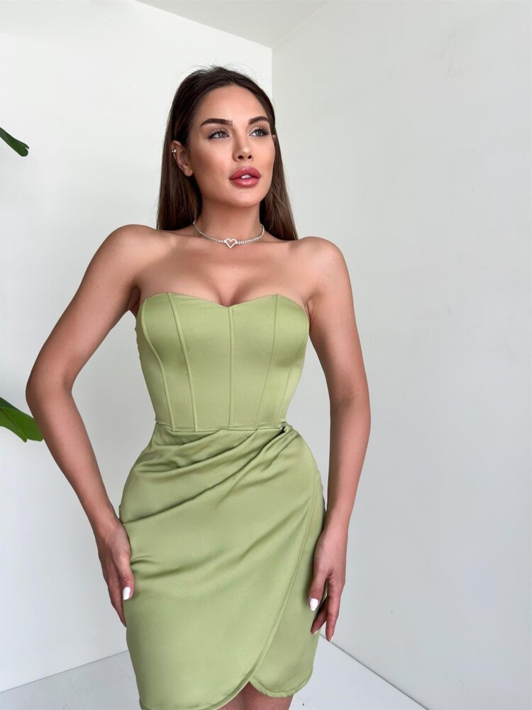 Yeşil Korse Detaylı Mini Elbise