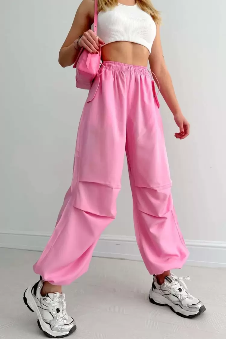 Yüksek Bel Büzgülü Paça Paraşüt Pantolon-Pembe