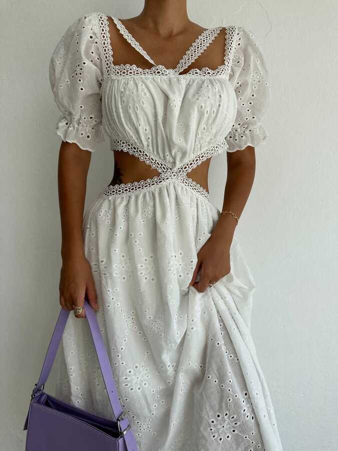 Brode Detaylı Cut-Out Maxi Elbise