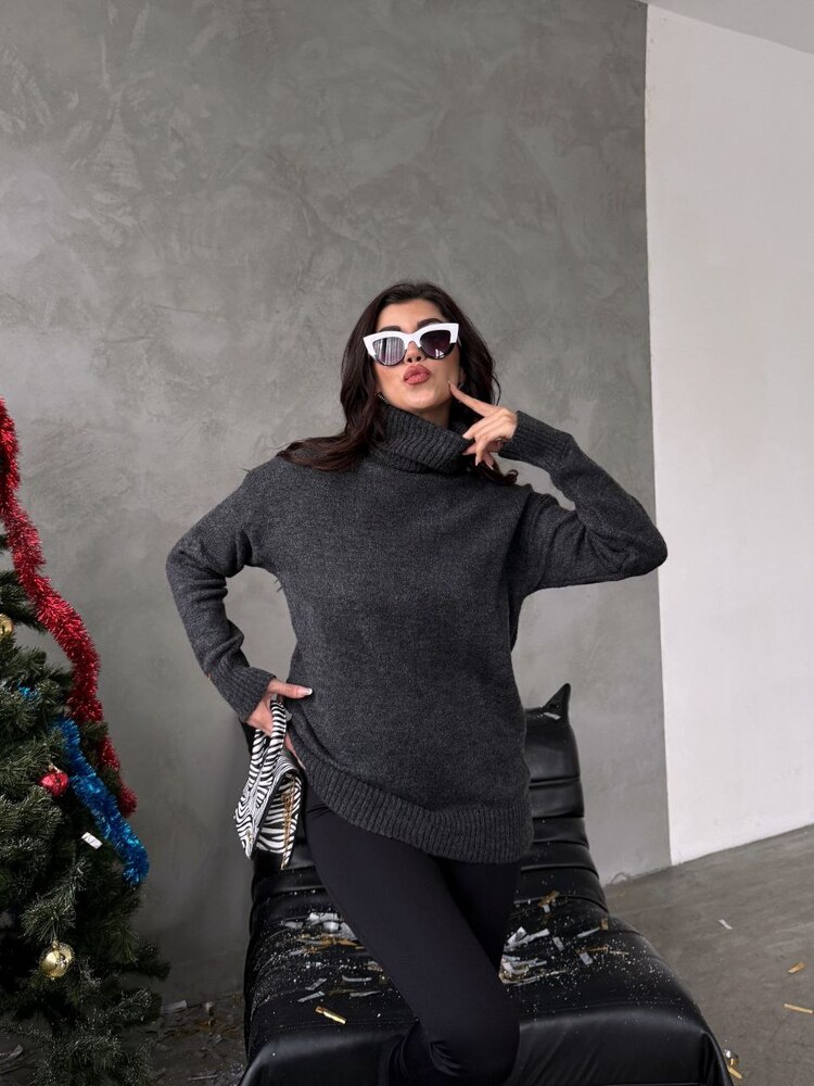 Gri Oversize Balıkçı Yaka Kazak