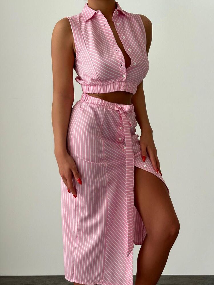 Çizgili Kolsuz Crop Top ve Yırtmaçlı Midi Etek Takım