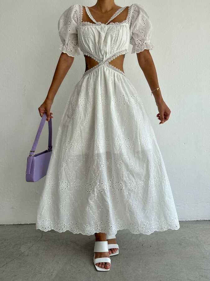 Brode Detaylı Cut-Out Maxi Elbise