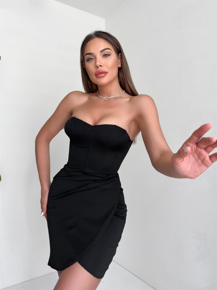 Siyah Korse Detaylı Mini Elbise