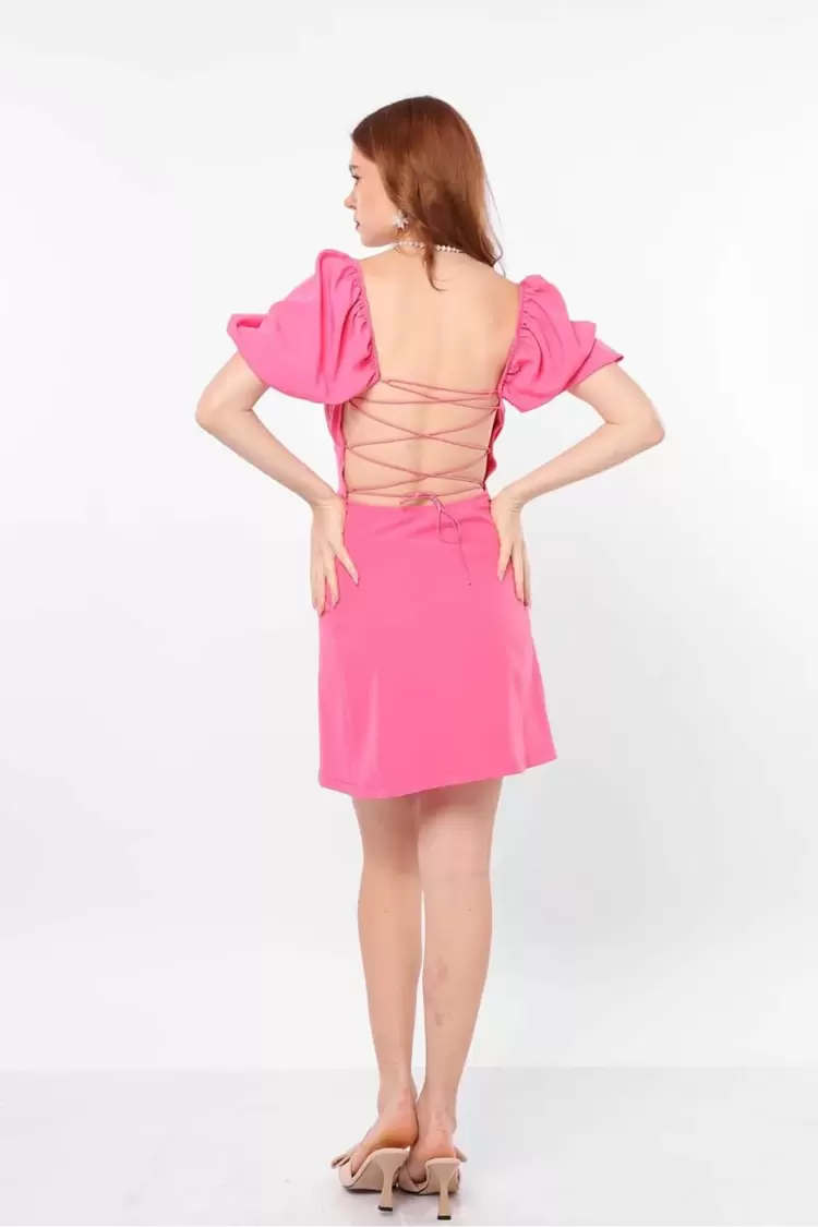 Sırtı Açık Büzgülü Mini Elbise-PEMBE