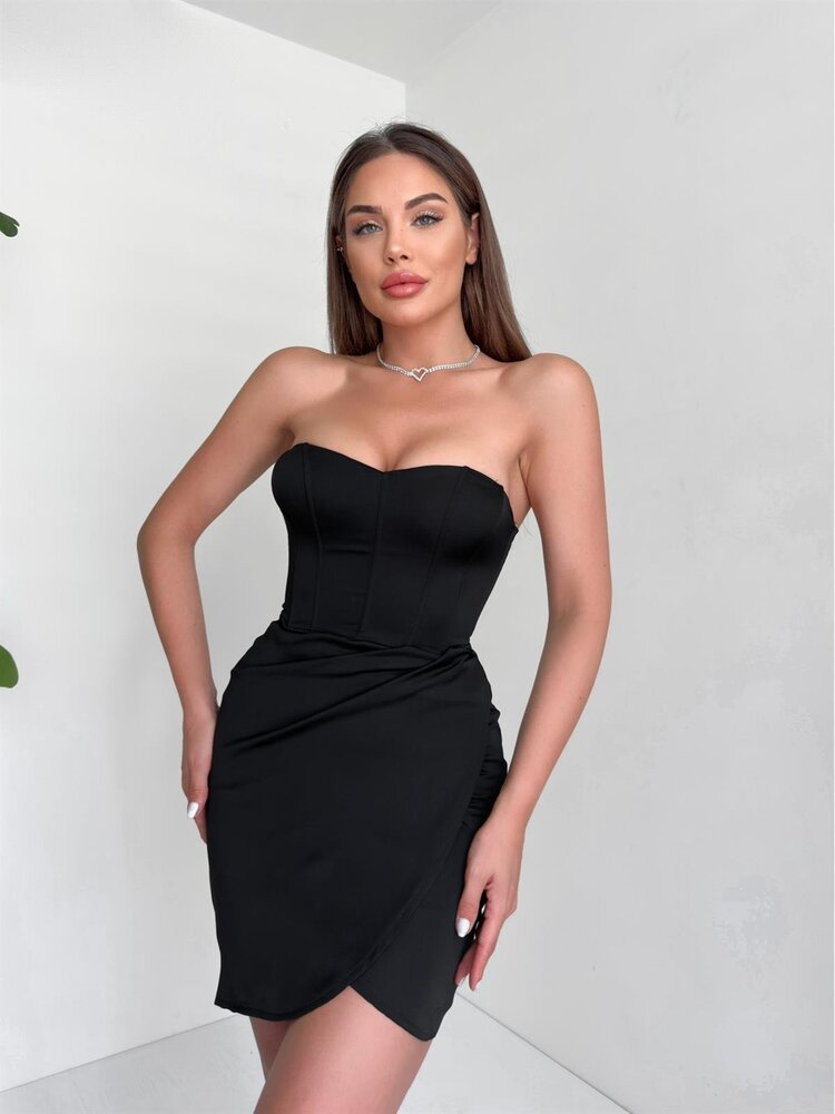 Siyah Korse Detaylı Mini Elbise