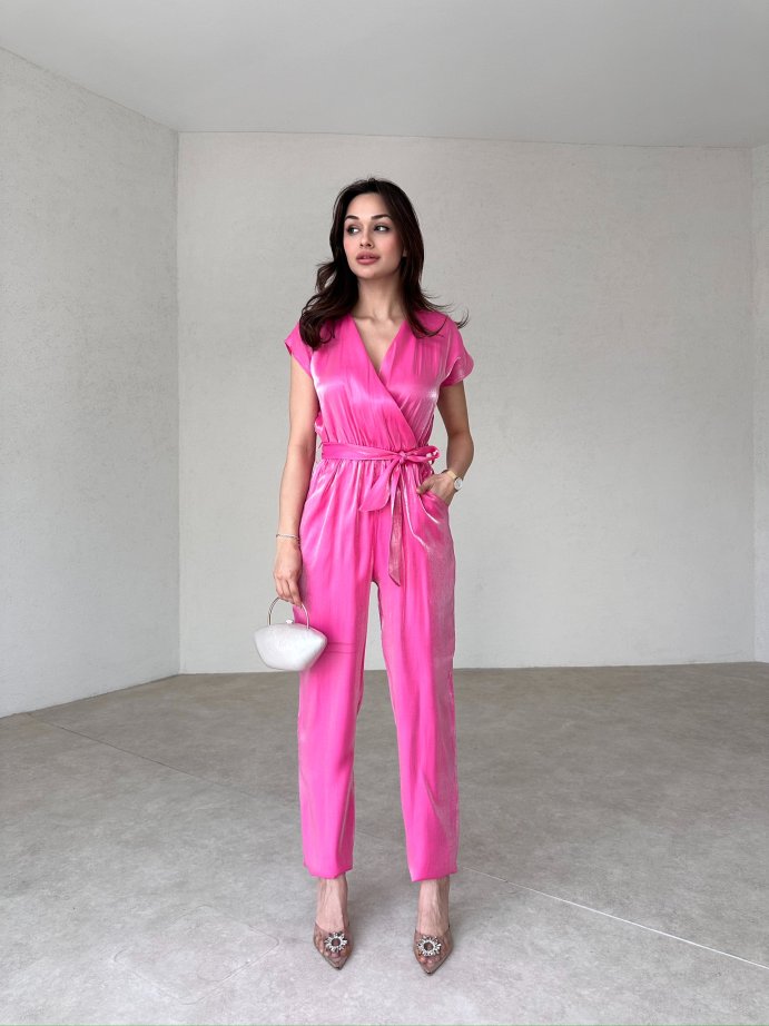 Parlak Kumaş Rahat Tulum-Pembe 