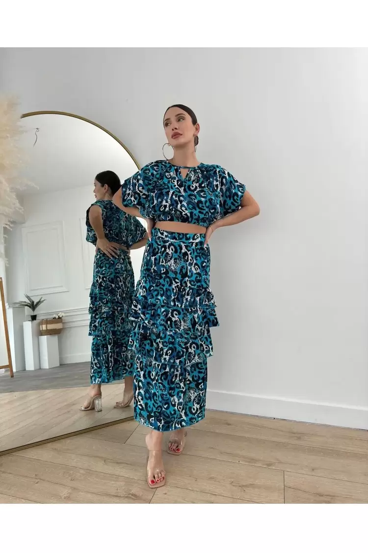 Leopar Desenli Volanlı Crop Top ve Etek Takım-Mavi 