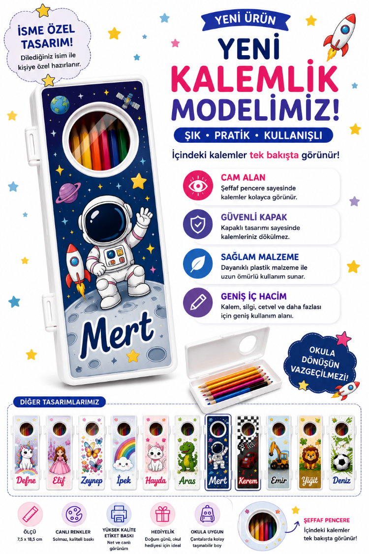 Kisiye Ozel astronot temali kalem kutusu