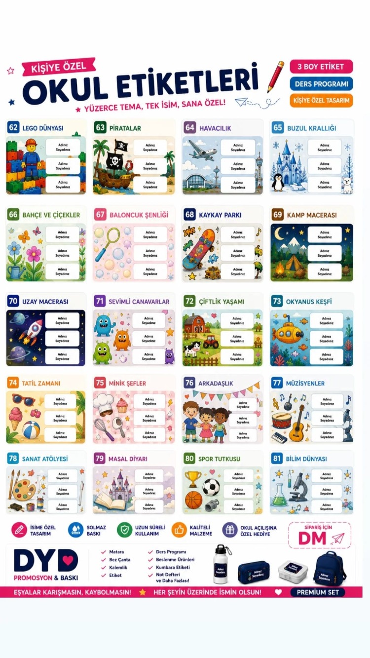 200 Adet Okul Etiketi + Ders programi